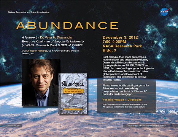 lecture poster design for Abundance, an NRP lecture featuring Dr. Peter Diamandis