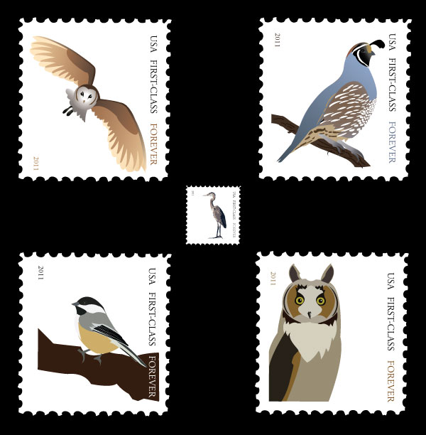 Stamps featuring birds such as owls and chickadees
