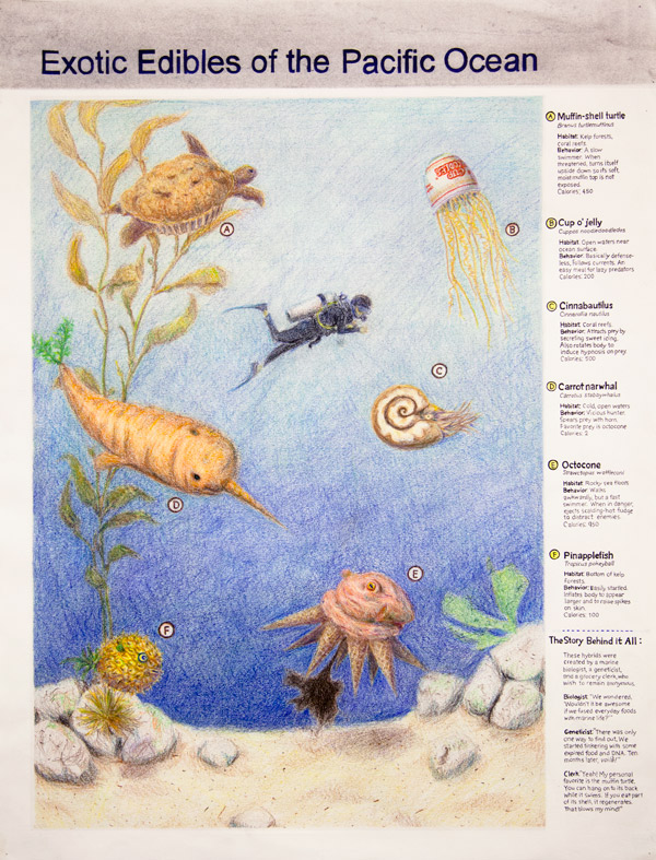 Mock scientific drawing of marine animal-food hybrids